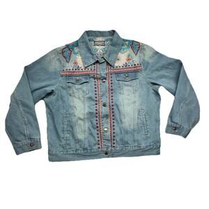 Johnny Was Workshop Jean Jacket Womens XL Oman Embroidered Floral